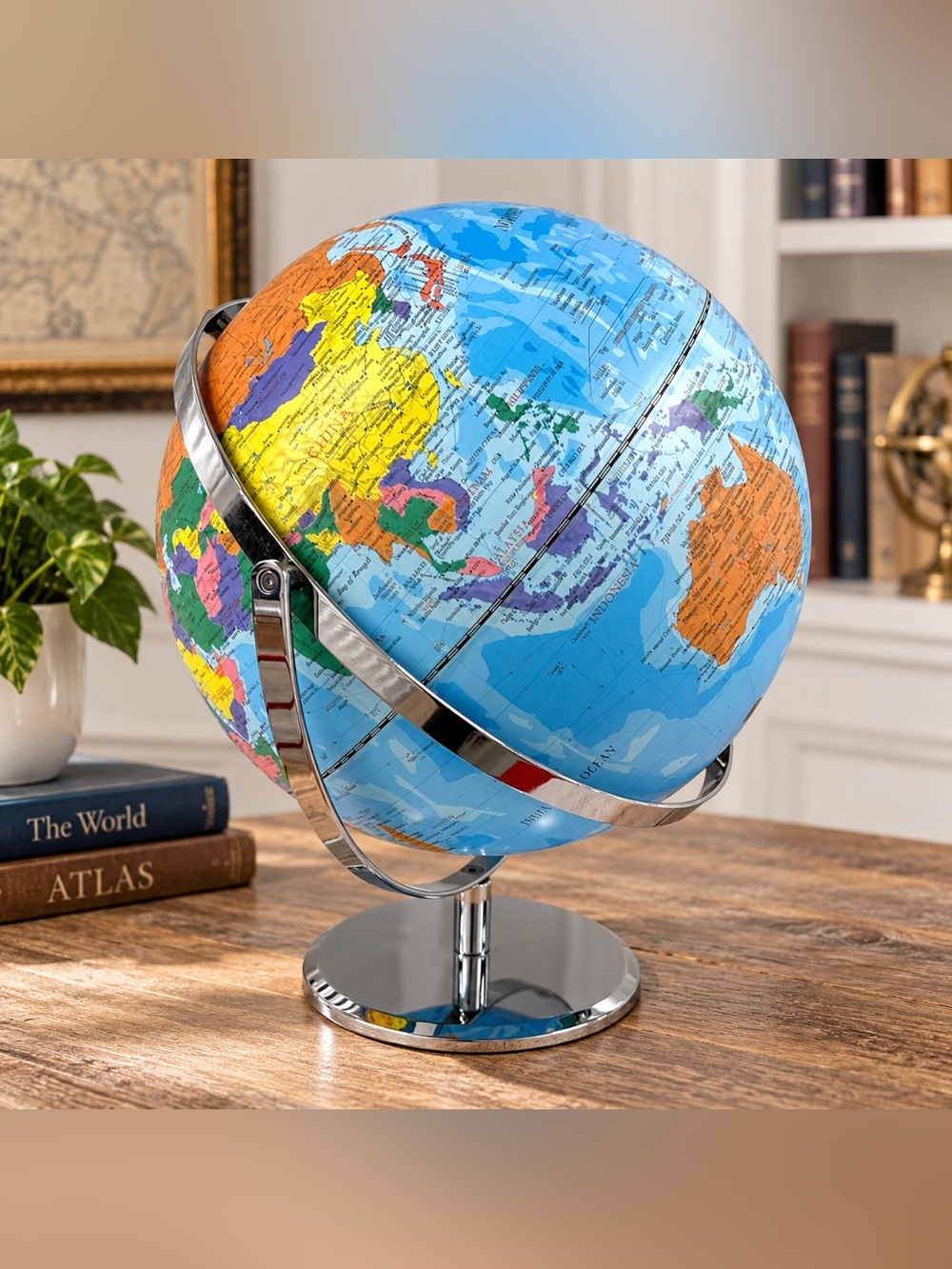 Vintage 12" World Globe Blue Ocean Political Map Chrome Metal Stand Desk Decor